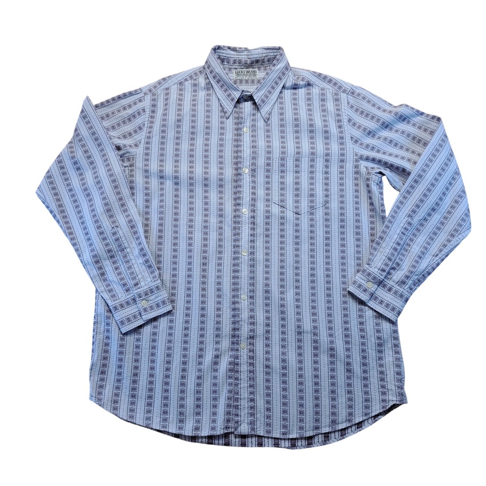 Lucky Brand Button Down Shirt Mens Large Blue Purple‎ Geometric Stripe Excellent